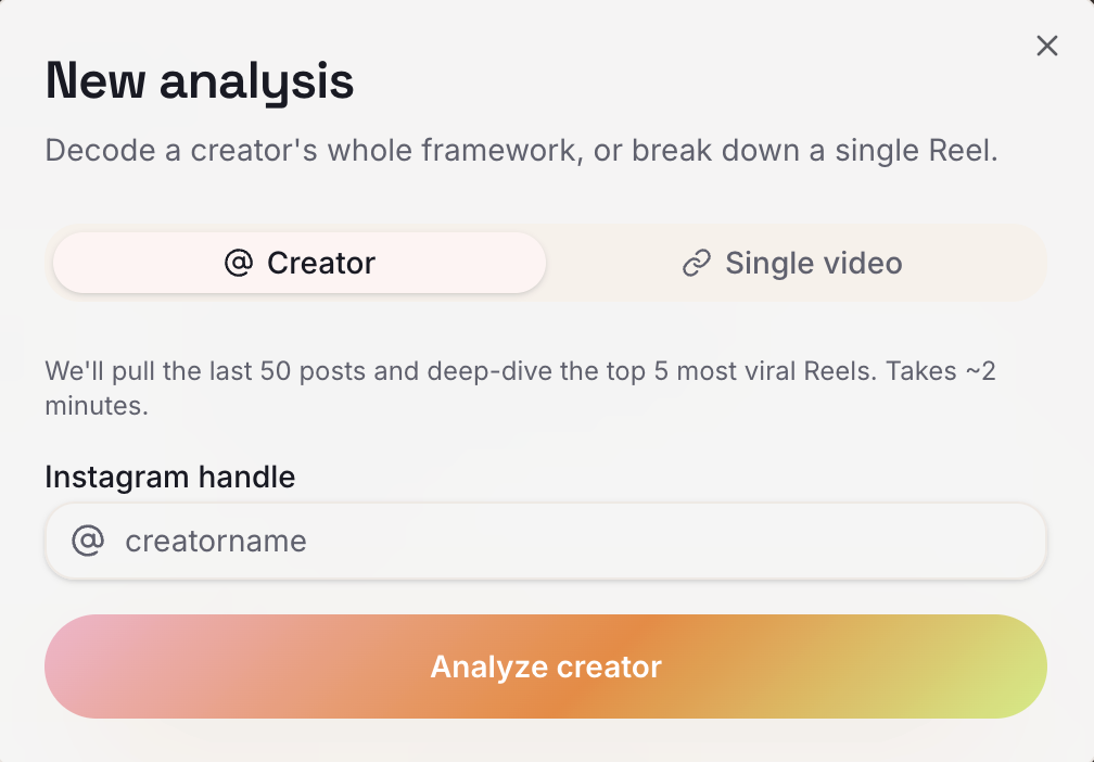 The Scrptly New Analysis dialog with the Creator tab selected and an Instagram handle input.