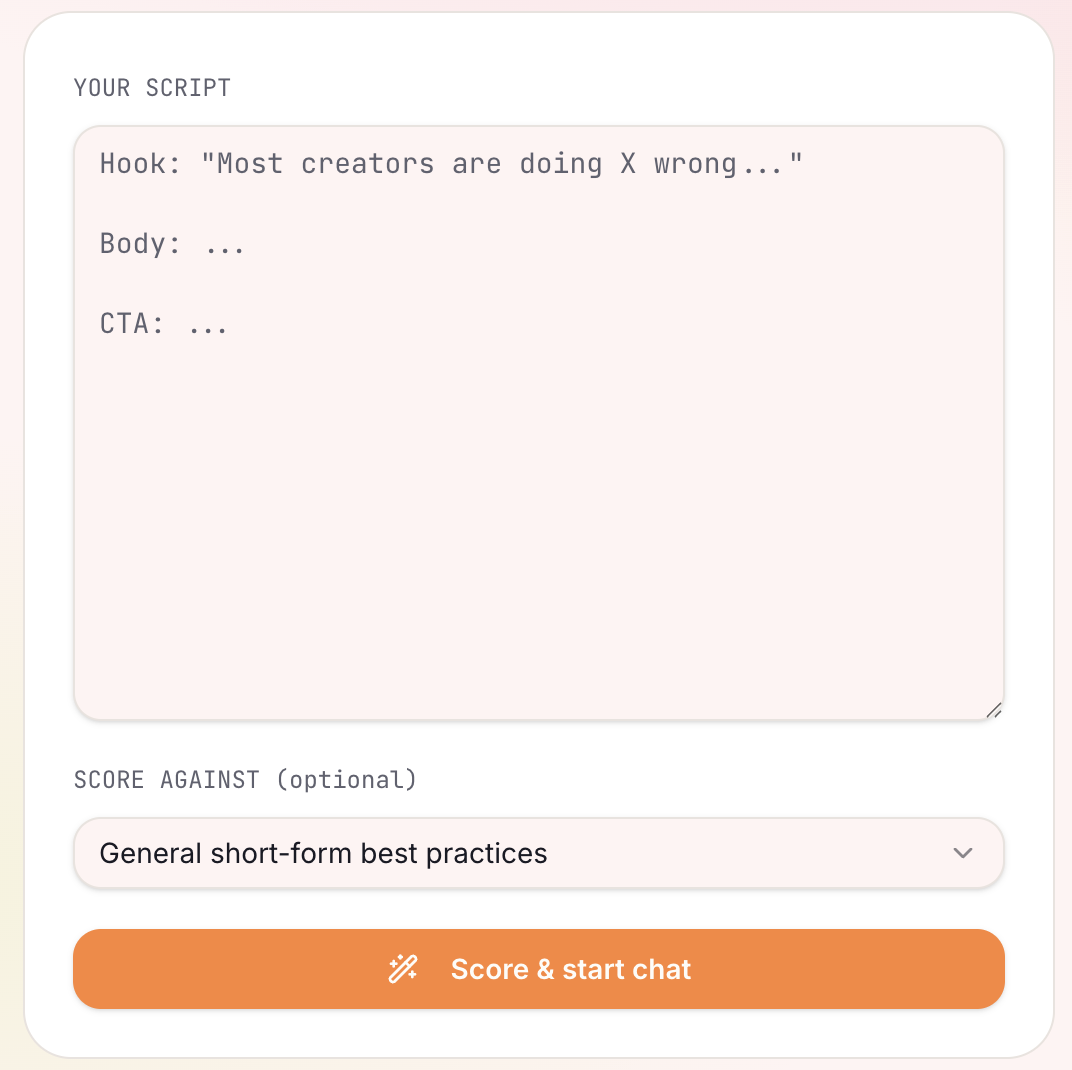 Scrptly script evaluator with a script input and Score & start chat button.